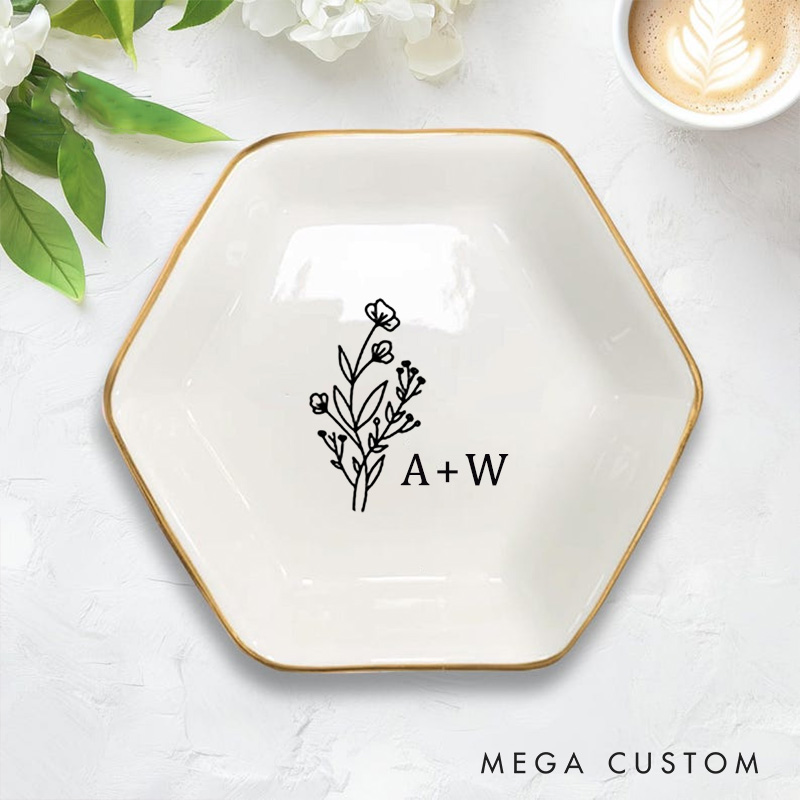 Personalized Wild Flower with Initials Wedding Engagement Gold-Trimmed Hexagon Ring Dish