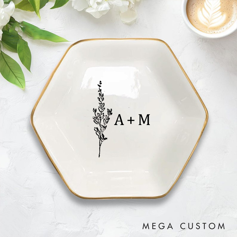 Personalized Minimalist Lavender Floral Wedding Engagement Gold-Trimmed Hexagon Ring Dish