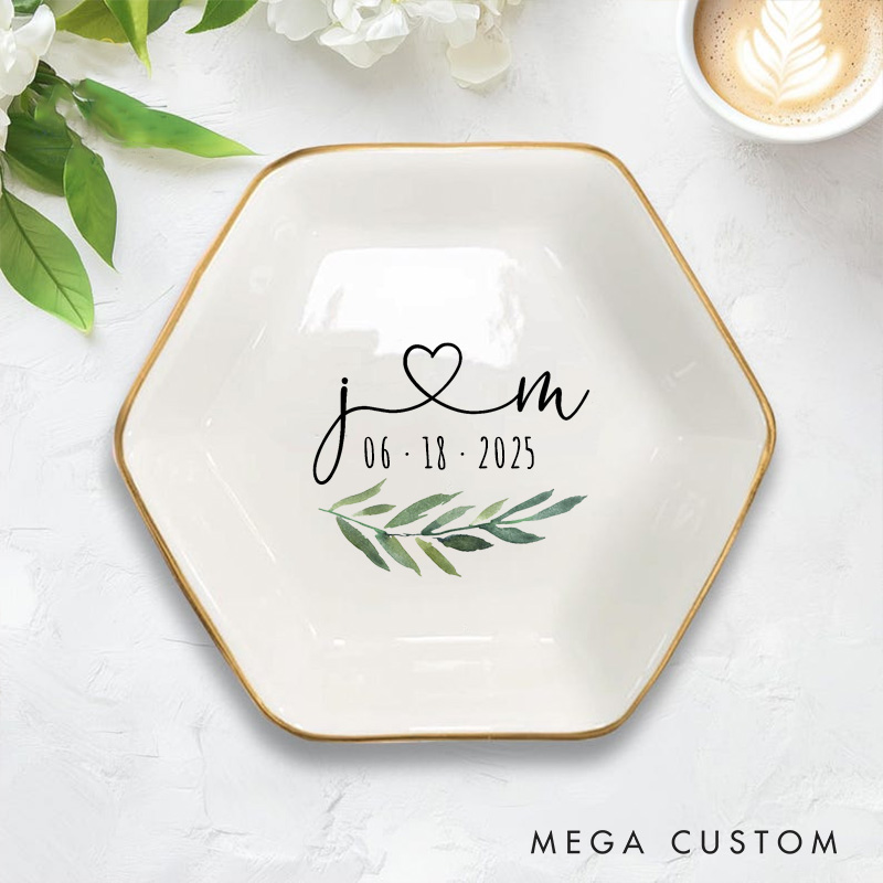 Personalized Romantic Watercolor Foliage Initials with Heart Wedding Engagement Gold-Trimmed Hexagon Ring Dish
