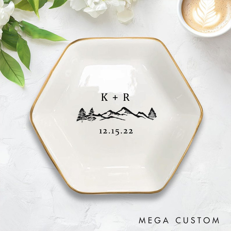 Personalized Rustic Mountain and Forest Wedding Engagement Gold-Trimmed Hexagon Ring Dish