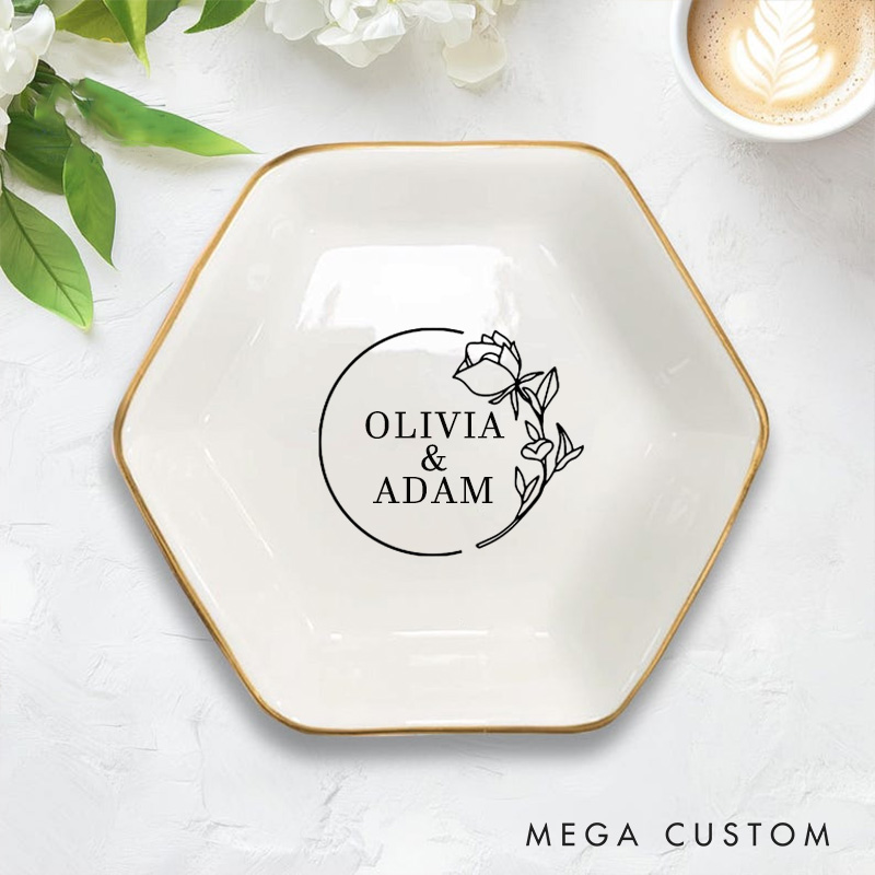 Personalized Elegant Circular Frame Rose Wedding Engagement Gold-Trimmed Hexagon Ring Dish