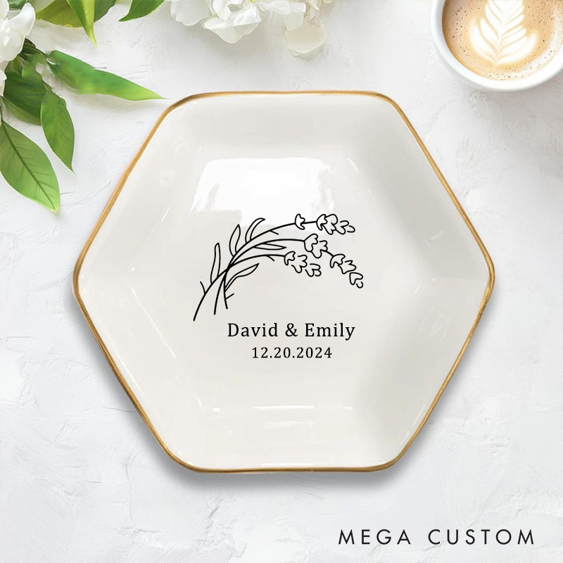 Personalized Elegant Lavender Sprigs Wedding Engagement Gold-Trimmed Hexagon Ring Dish