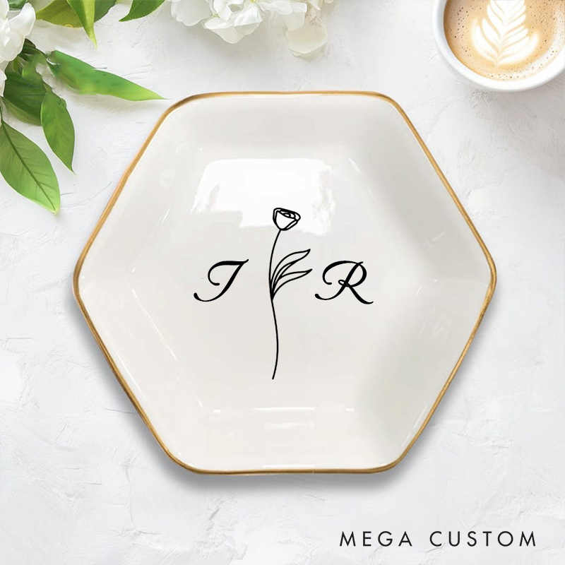 Personalized Minimalist Floral Monogram Wedding Engagement Gold-Trimmed Hexagon Ring Dish