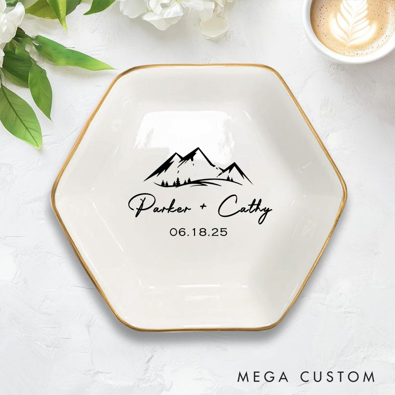 Personalized Bold Mountain Landscape Monogram Wedding Engagement Gold-Trimmed Hexagon Ring Dish