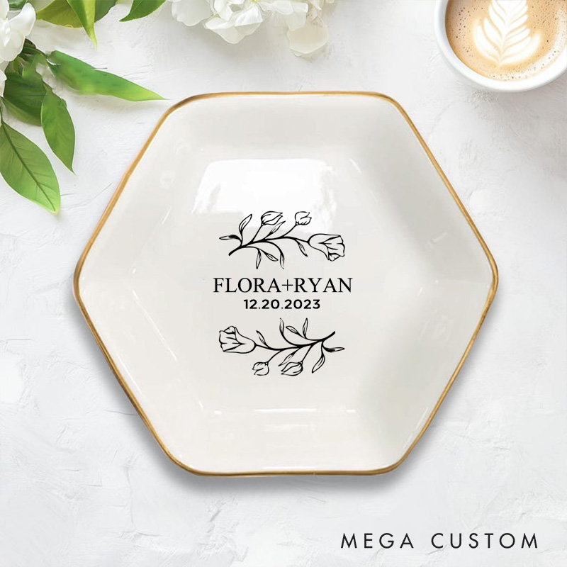 Personalized Elegant Morning Glory Monogram Wedding Engagement Gold-Trimmed Hexagon Ring Dish