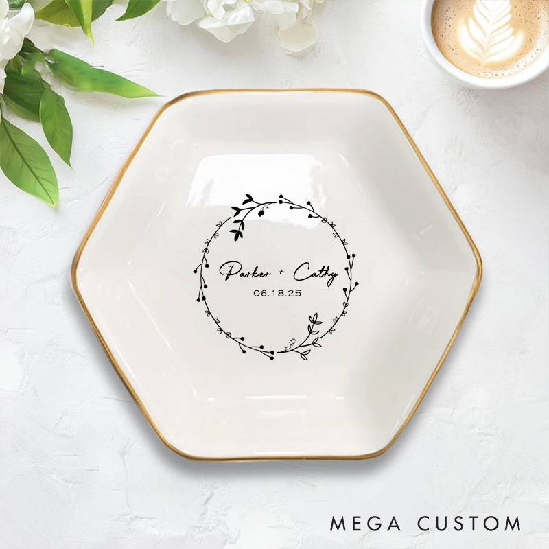Personalized Floral Wreath with Small Leaves and Buds Wedding Engagement Gold-Trimmed Hexagon Ring Dish