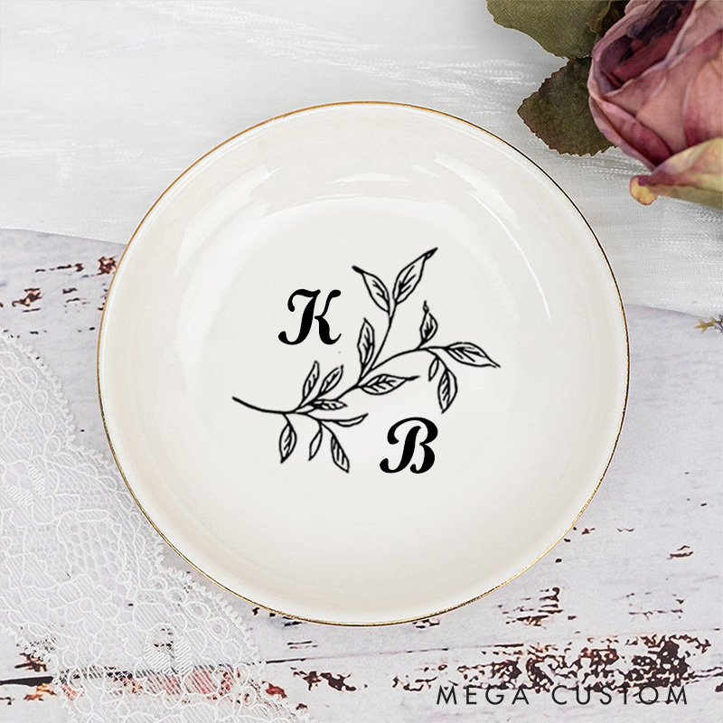 Personalized Elegant Leaf Branch Wedding Engagement Gold-Trimmed Ring Dishes