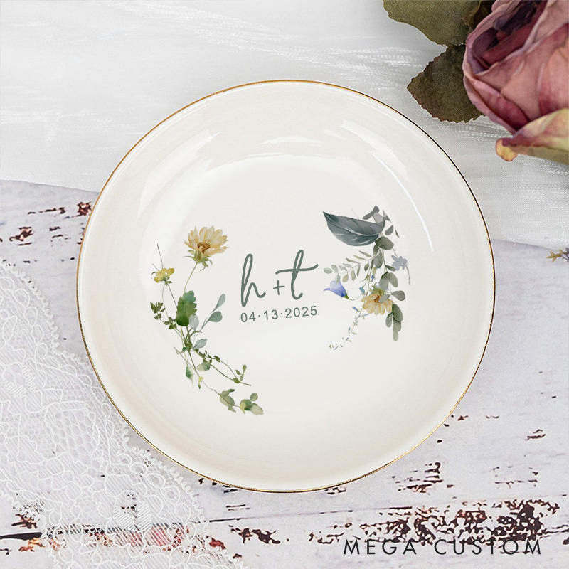 Personalized Delicate Watercolor Floral and Leaves Wedding Engagement Gold-Trimmed Ring Dishes
