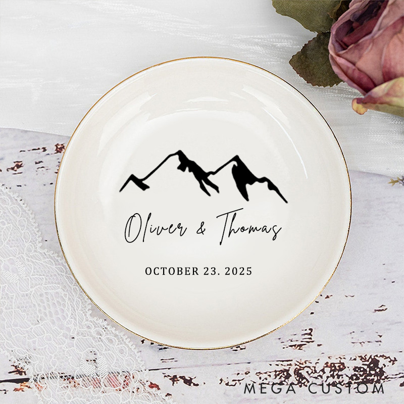 Personalized Minimalist Mountain Range Wedding Engagement Gold-Trimmed Ring Dishes