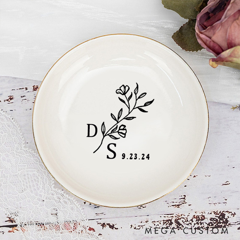 Personalized Minimalist Wild Flower with Initials Wedding Engagement Gold-Trimmed Ring Dishes