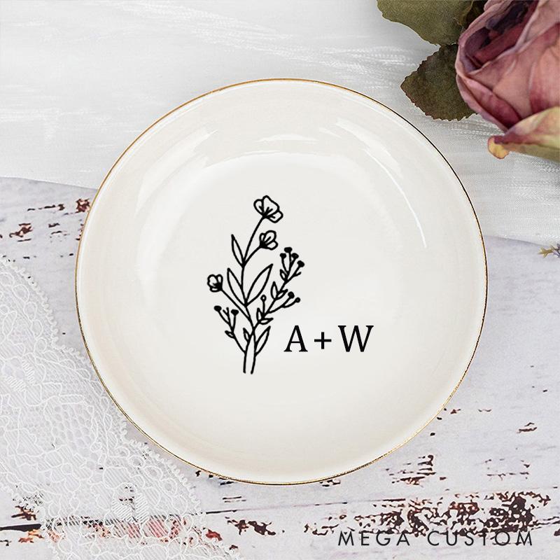 Personalized Wild Flower with Initials Wedding Engagement Gold-Trimmed Ring Dishes