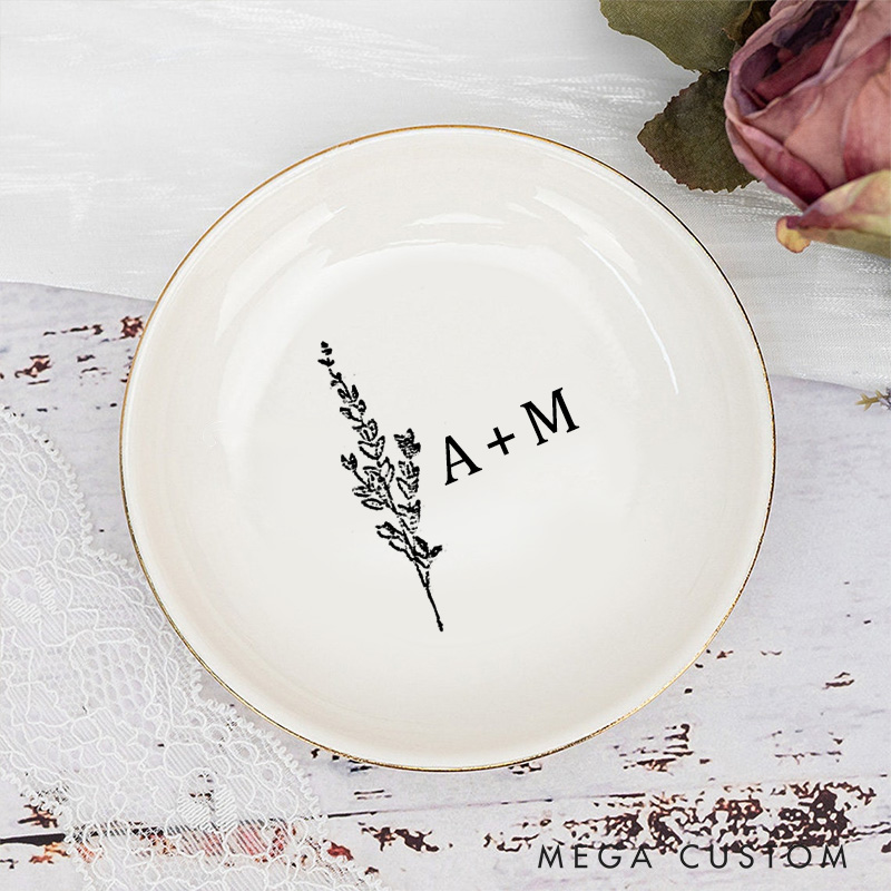 Personalized Minimalist Lavender Floral Wedding Engagement Gold-Trimmed Ring Dishes