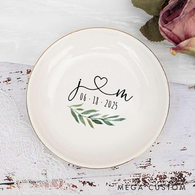 Personalized Romantic Watercolor Foliage Initials with Heart Gold-Trimmed Ring Dishes