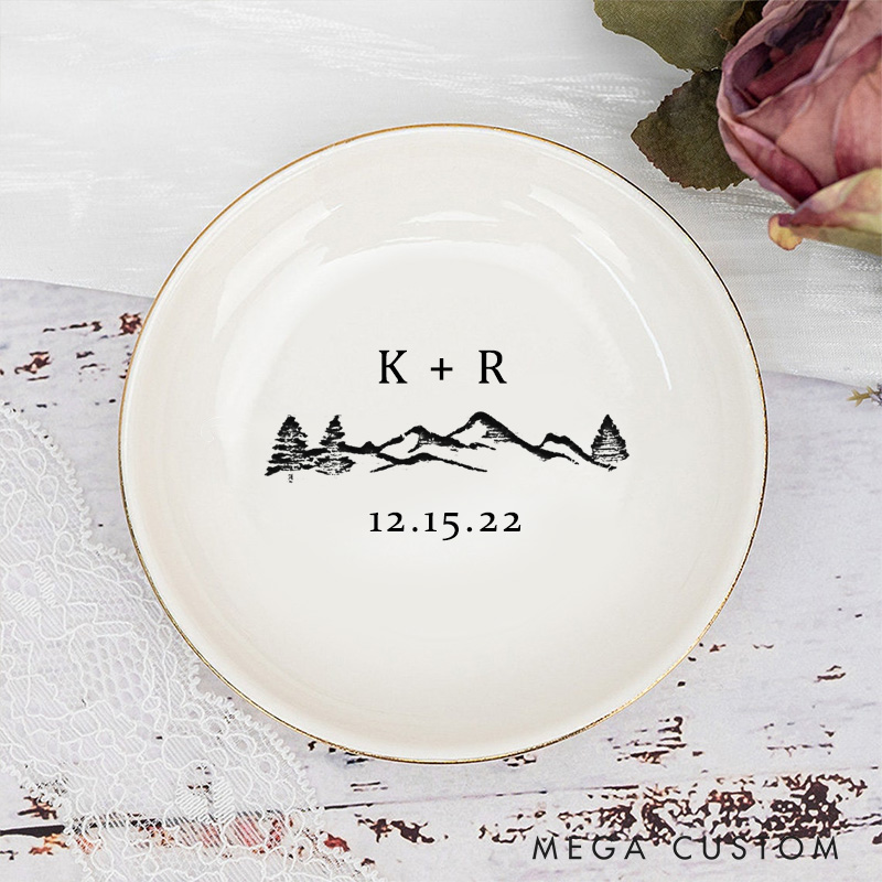 Personalized Rustic Mountain and Forest Wedding Engagement Gold-Trimmed Ring Dishes