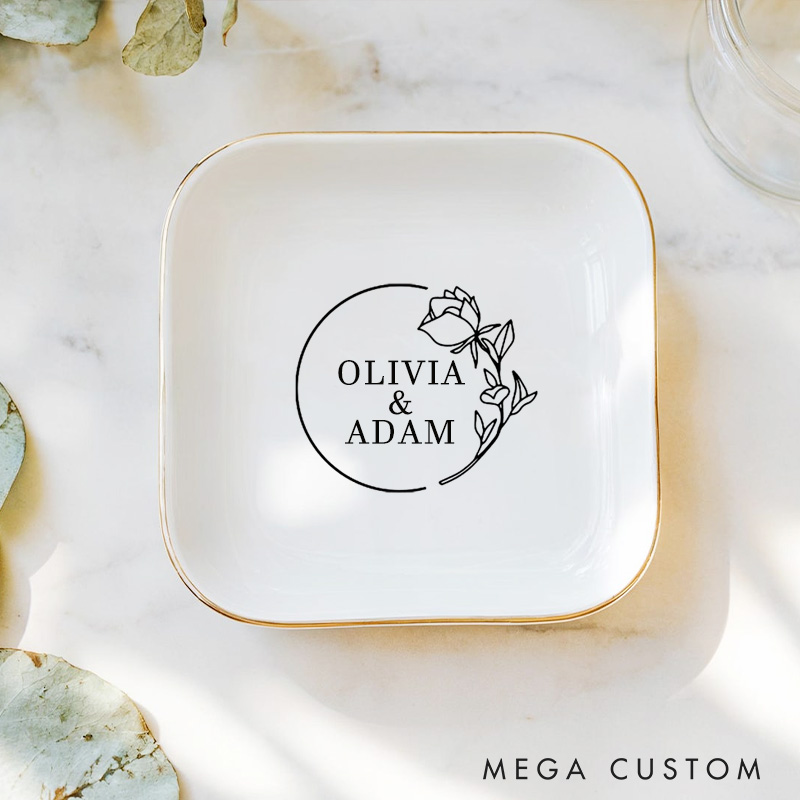 Personalized Elegant Circular Frame Rose Wedding Engagement Gold-Trimmed Ring Dishes