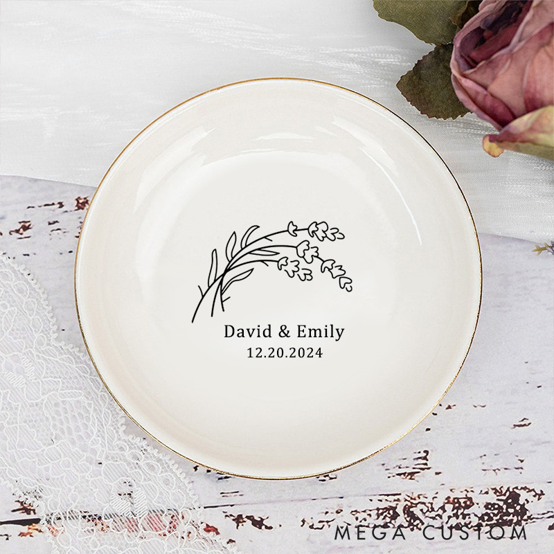 Personalized Elegant Lavender Sprigs Wedding Engagement Gold-Trimmed Ring Dishes
