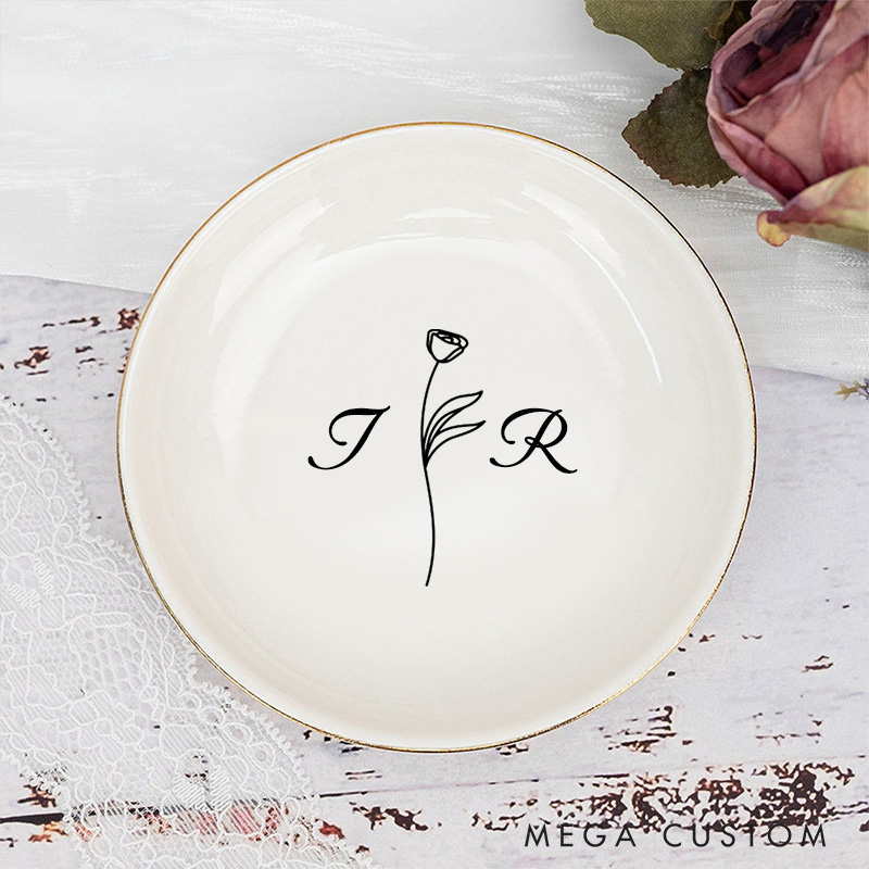 Personalized Minimalist Floral Monogram Wedding Engagement Gold-Trimmed Ring Dishes