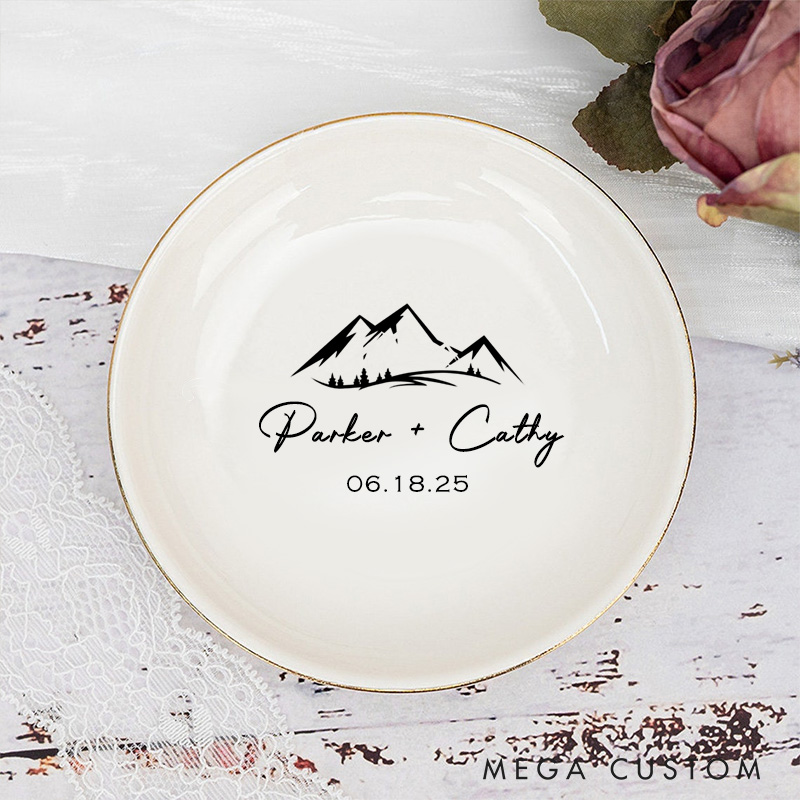 Personalized Bold Mountain Landscape Monogram Wedding Engagement Gold-Trimmed Ring Dishes