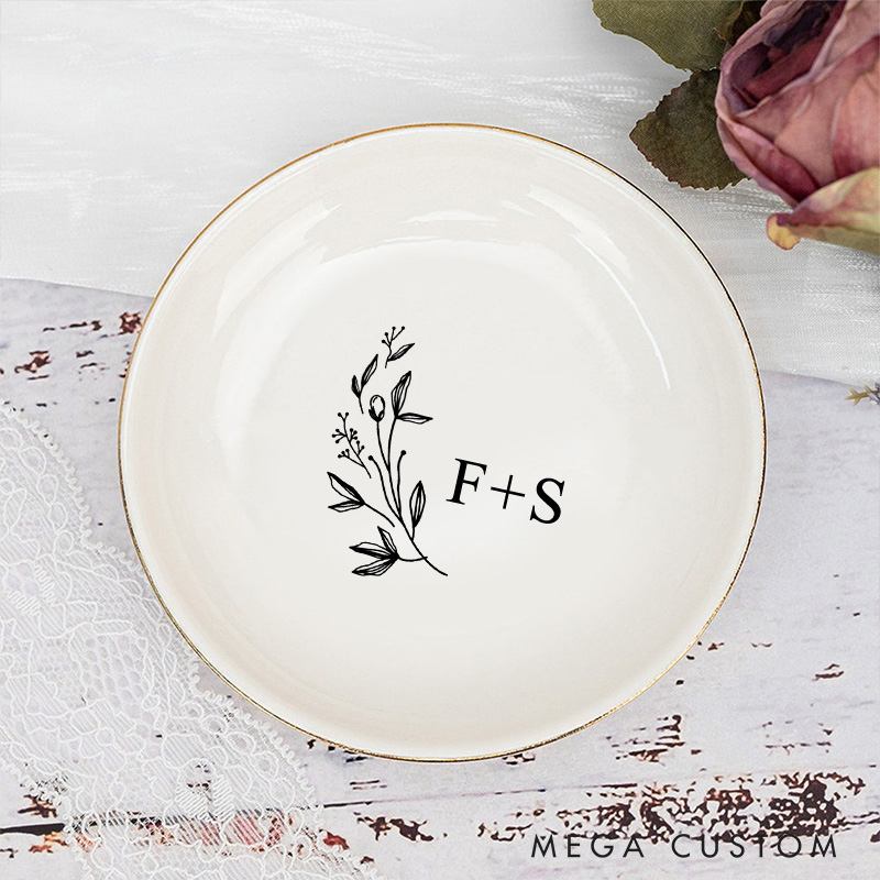 Personalized Wild Flowers and Leaves Wedding Engagement Gold-Trimmed Ring Dishes