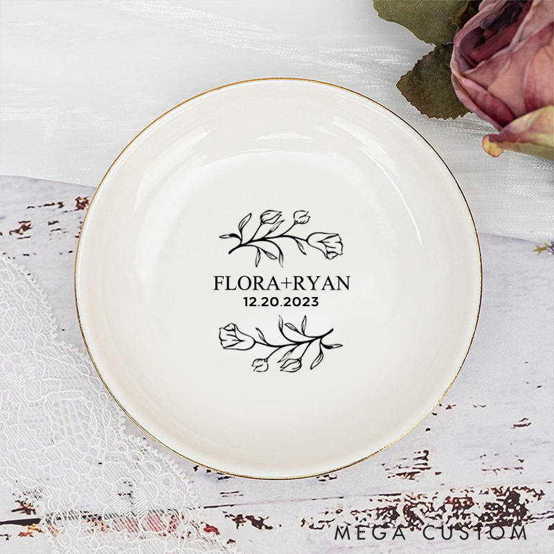 Personalized Elegant Morning Glory Monogram Wedding Engagement Gold-Trimmed Ring Dishes