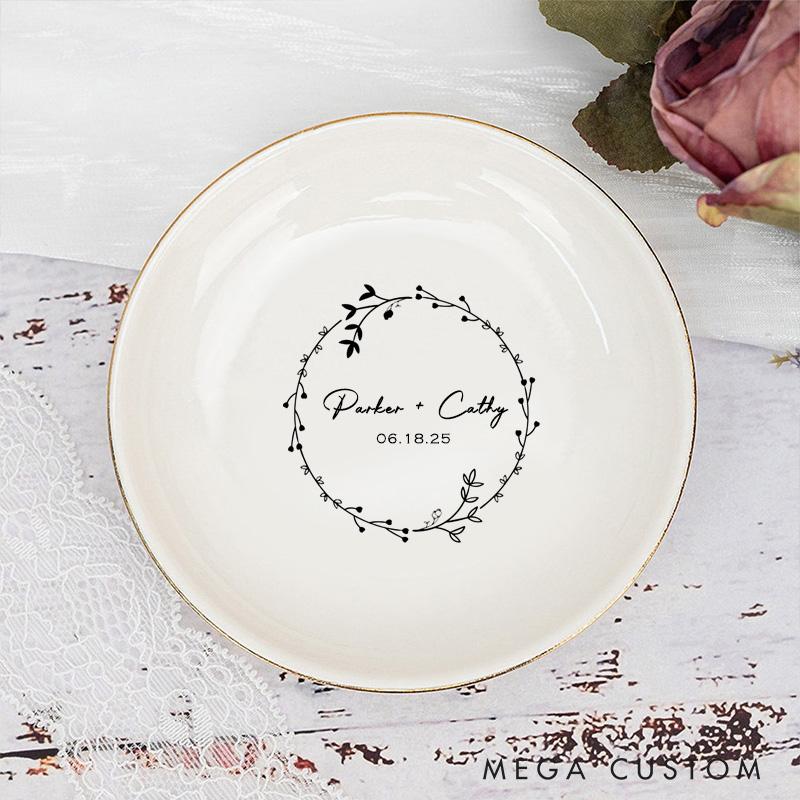 Personalized Floral Wreath with Small Leaves and Buds Wedding Engagement Gold-Trimmed Ring Dishes