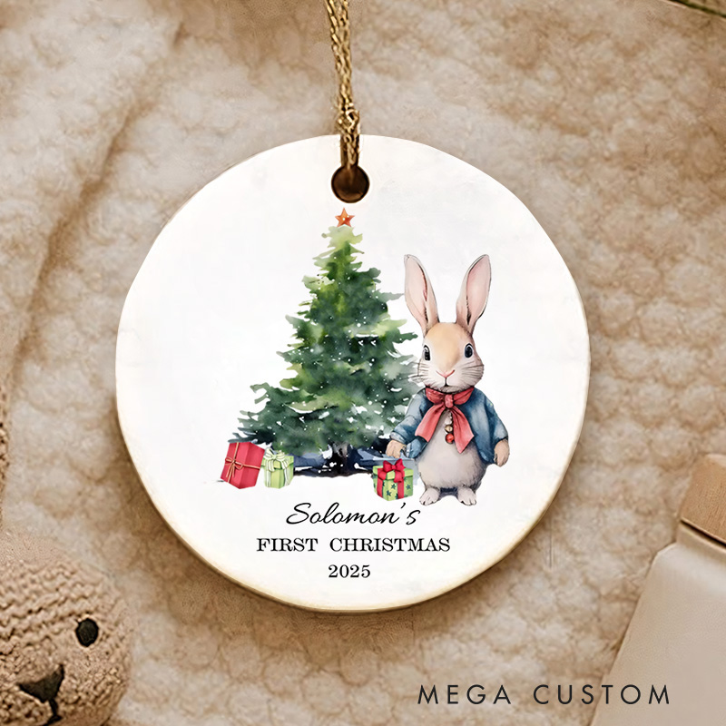 Personalized Baby's First Christmas Rabbit and Holiday Tree Baby Christmas Ornament Unisex Newborn Baby Gift