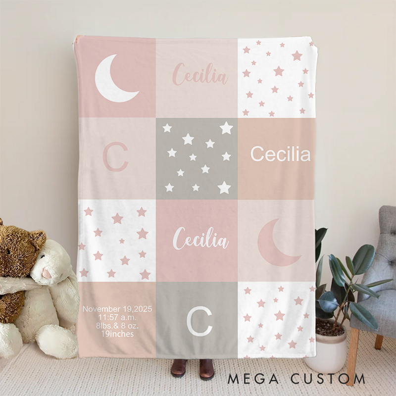 Personalized Baby Name Blanket - Soft Pastel Patchwork Design With Birth Details Moon And Stars Pattern Baby Keepsake