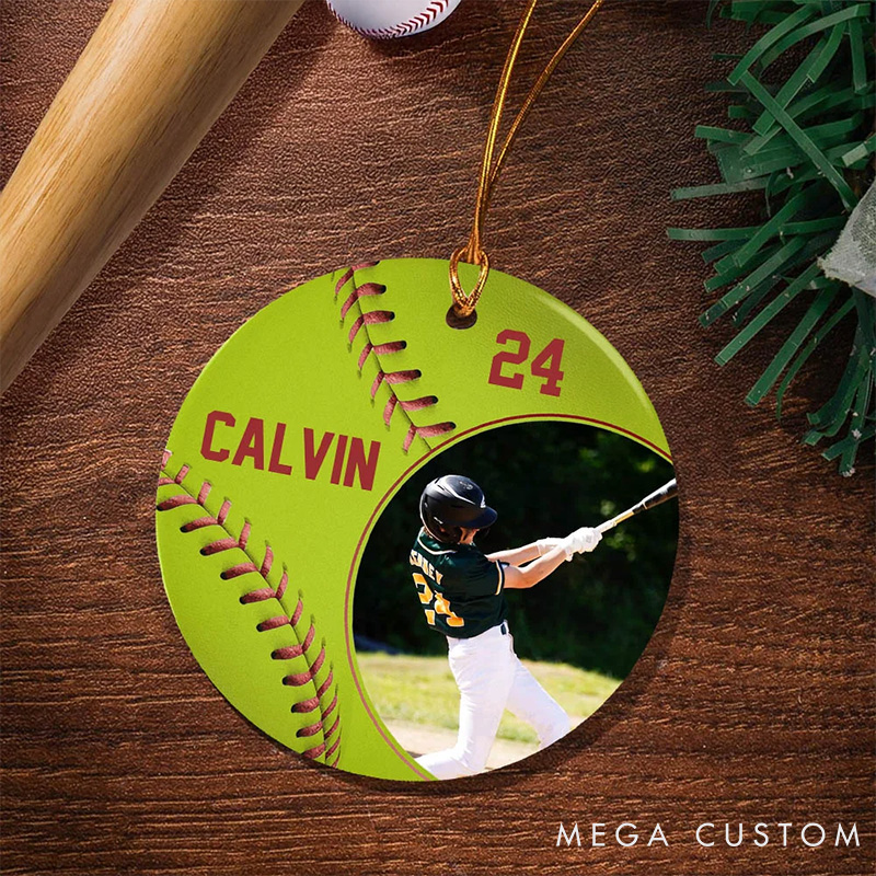 Personalized Baseball Christmas Ornament with Custom Photo, Name, and Number
