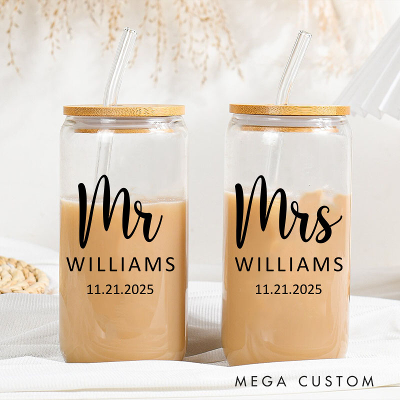 Personalized Mr and Mrs Anniversary Glass Cup Couple Water Bottle with Name Couple Glass Coffee Cup for Anniversary