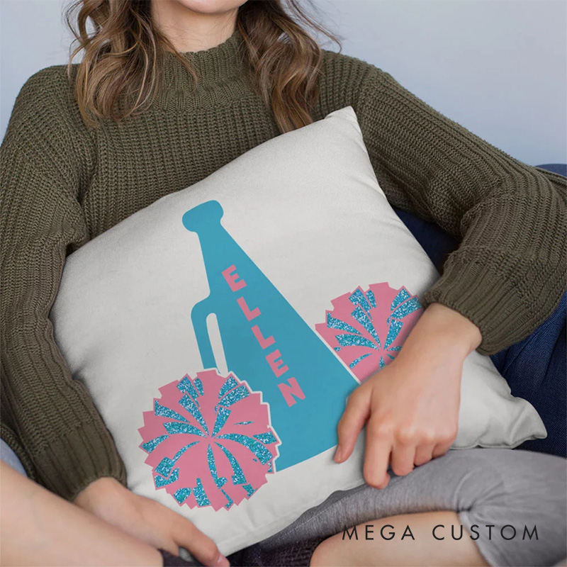 Personalized Megaphone and Pom Poms Cheerleader Throw Pillow with Custom Name
