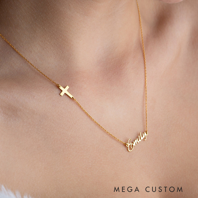 Personalized Sideway Cross and Name Pendant Necklace for Women Religious Jewelry Christening Baptism Gift for Women Christian Christmas Gift for Her