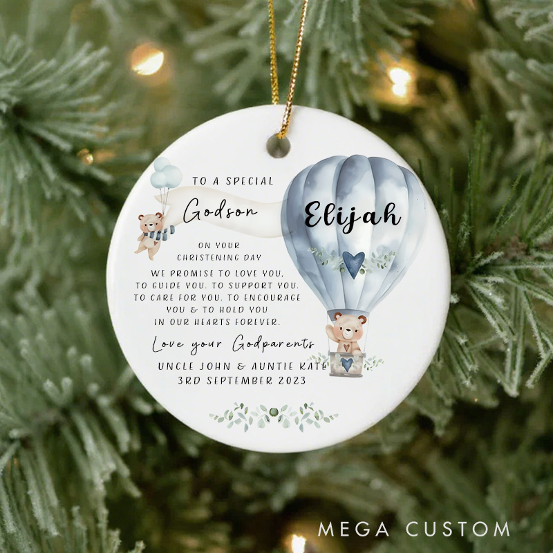 Personalised Teddy Bear Balloon Ceramic Ornament Keepsake Promise to Godchild Christening Baptism Gift for Kids Christians