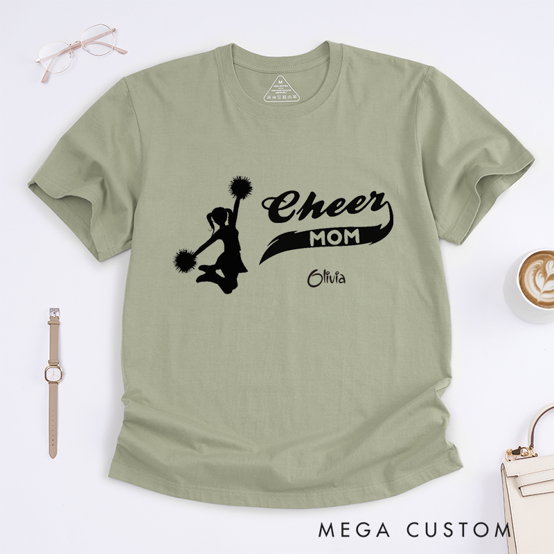 Personalized Cheer Mom T-Shirt Custom Name Cheerleader Gift Supportive Team Spirit Apparel for Proud Mothers of Cheerleaders Unique Present