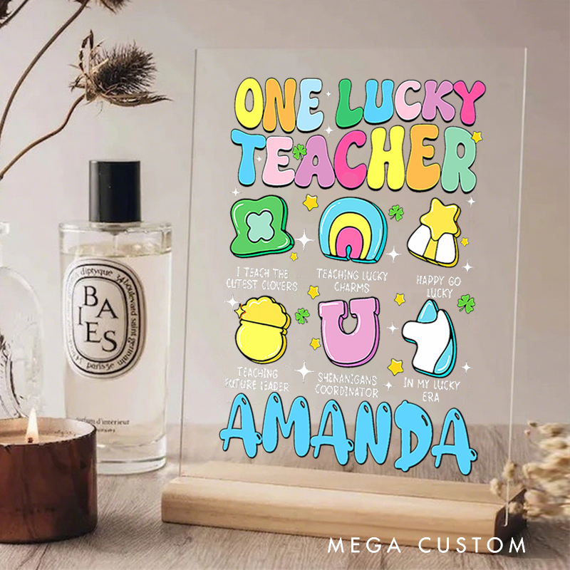 Personalized Teacher Desk Acrylic Sign One Lucky Teacher Rainbow and Lucky Charms Theme Gift for Teachers