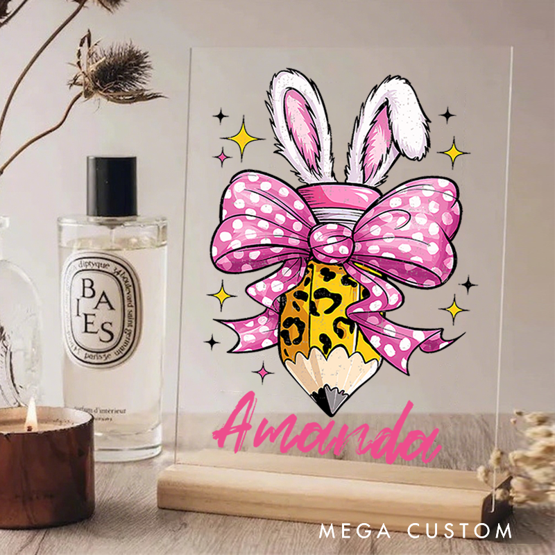 Personalized Teacher Desk Acrylic Sign Bunny Ears and Bow Pencil Theme Gift for Teachers