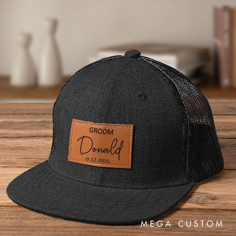 Personalized Best Man Gift Groom Squad Hat Groomsmen Leather Patch Trucker Hat Bachelor Party Gifts Baseball Cap