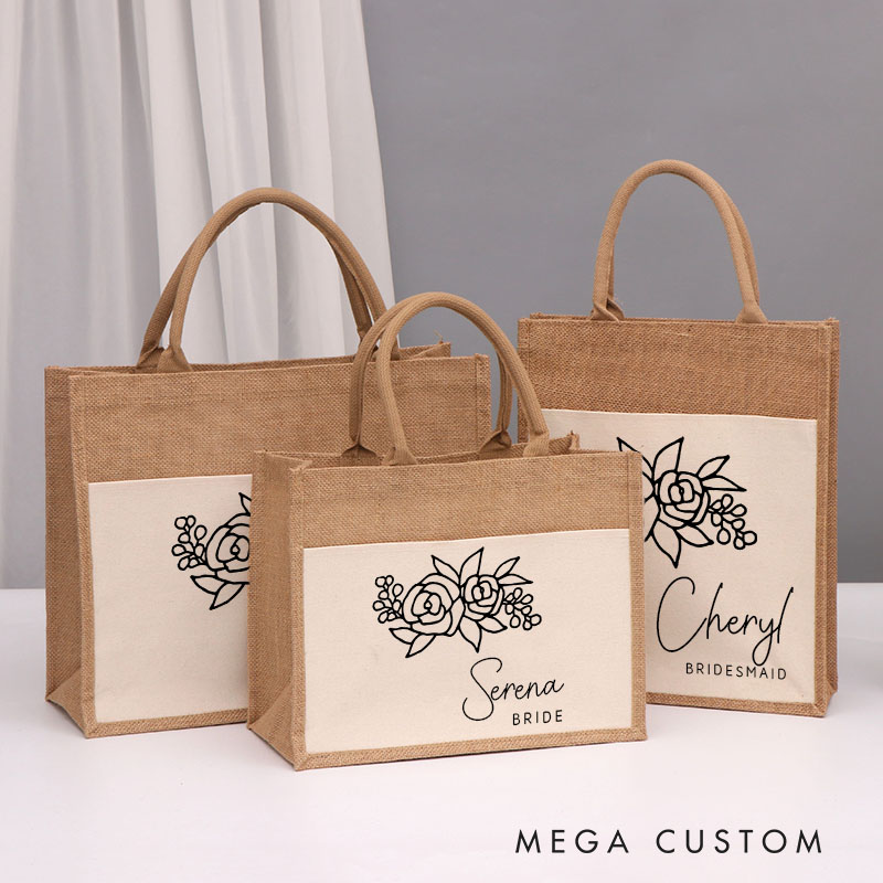 Personalized Bridesmaid Floral Burlap Tote Bag Bachelorette Party Tote Bag
