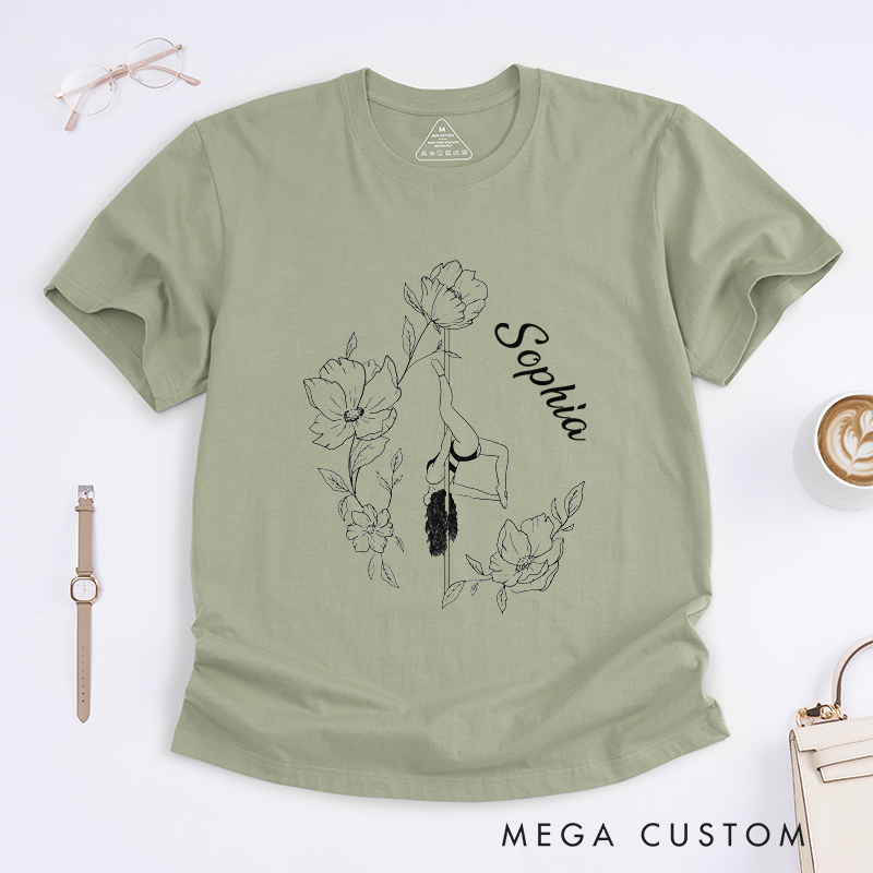 Personalized Pole Dance Flower Art T-Shirt Custom Name Gift Aesthetic Floral Design Unique Present for Women Friends Dancer Birthday