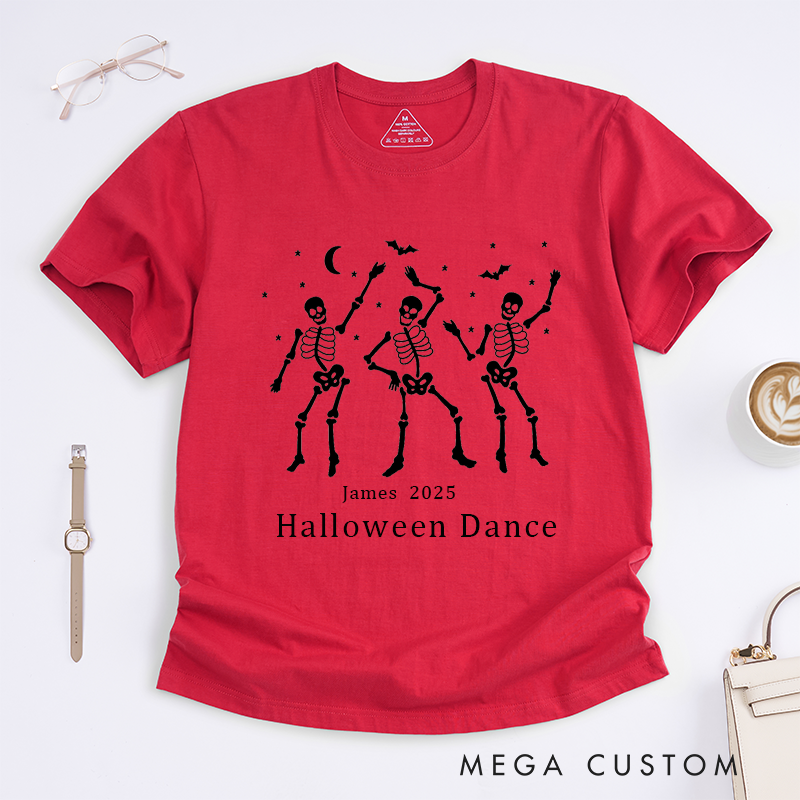 Personalized Skeleton Dance T-Shirt Custom Name Year Unisex Party Gift Spooky Dancing for Men Women Kids Halloween Event