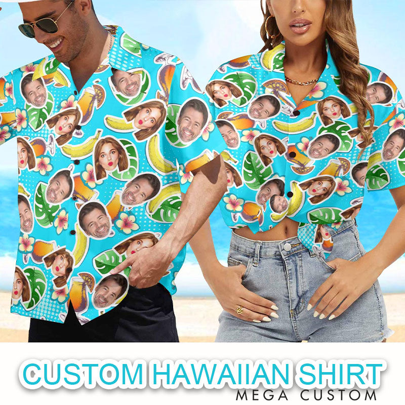 Personalized Faced Couple Hawaiian Shirts Anniversary Shirt for Husband Wife Couple Beach Shirt with Face