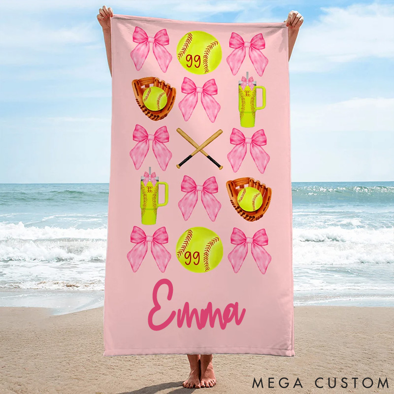 Personalized Softball and Baseball Stylish Design Beach Towel with Custom Name and Number