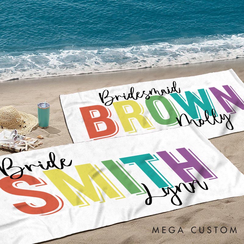 Personalized Bridesmaid Colorful Beach Towel Bride Name Beach Towel Bachelorette Party Gift