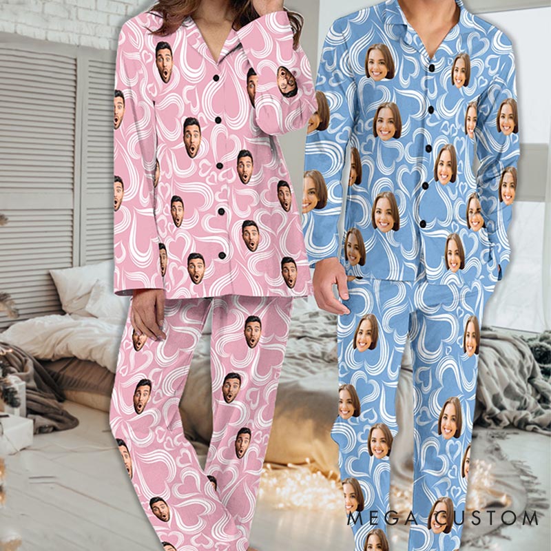 Personalized Couple Face Pajamas Set Valentine's Day Heart Pajamas for Boyfriend Girlfriend Wife Husband