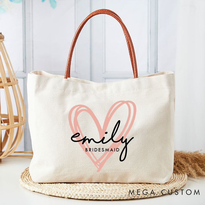 Personalized Bridesmaid Pink Heart Tote Bag with Name Bride Tote Bridal Party Gift