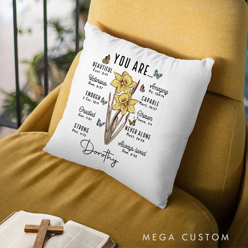 Personalized You Are Bible Verse Birth Flower Throw Pillow with Custom Name Christian Home Decor Birthday Gift for Women and Girls