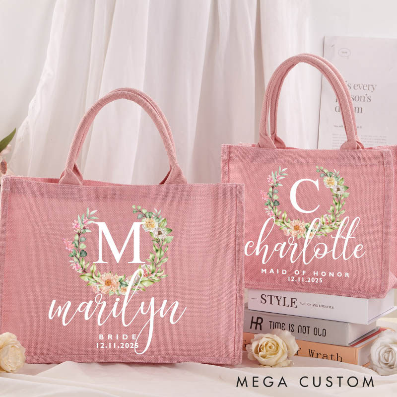 Personalized Bridesmaid Floral Wreath Initials Burlap Tote Bag with Name Maid of Honor Tote Bag