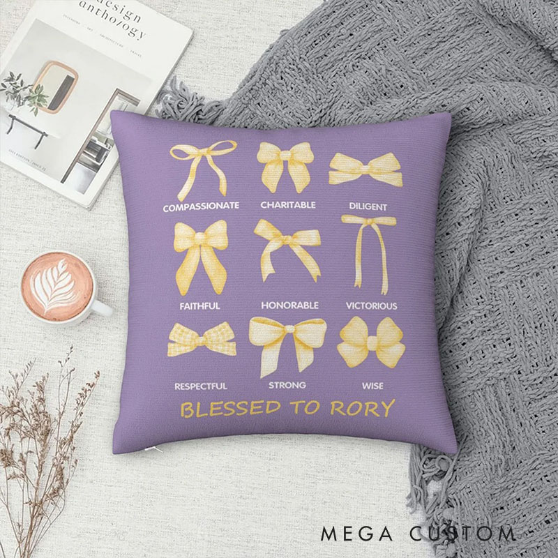 Personalized Coquette Bow Charitable Blessed Words of Bible Throw Pillow with Name Christian Pillow Faith Based Gift for Christians