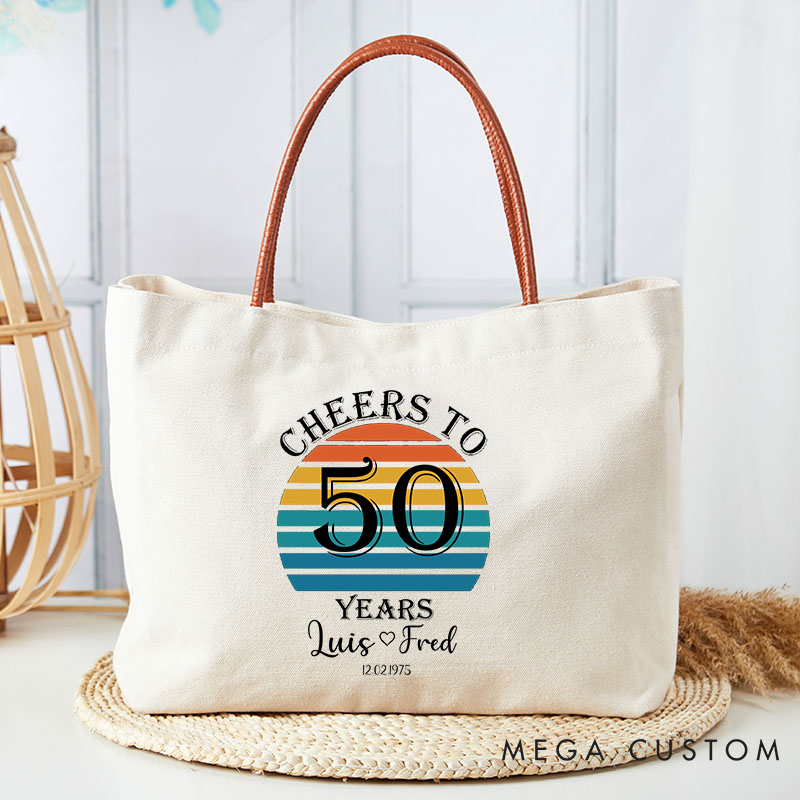 Personalized 50th Anniversary Handbag for Couple Large Capacity Anniversary Gift Simple Leather-Rope Canvas Bag