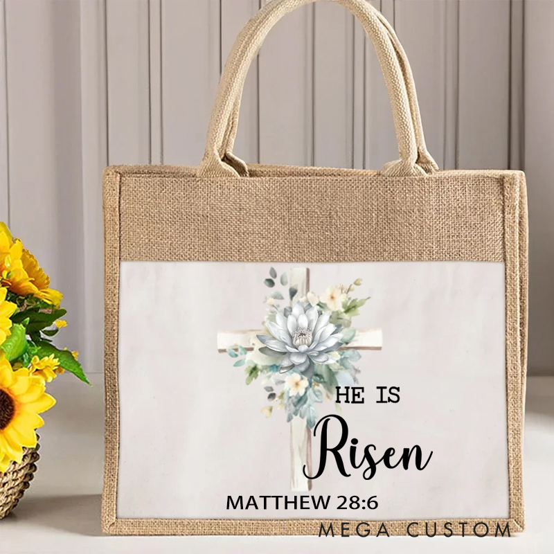 Personalized He Is Risen Bible Verse Cross Birth Flower Large Reusable Tote Bag with Text Easter Church Religious Gift for Women Christian
