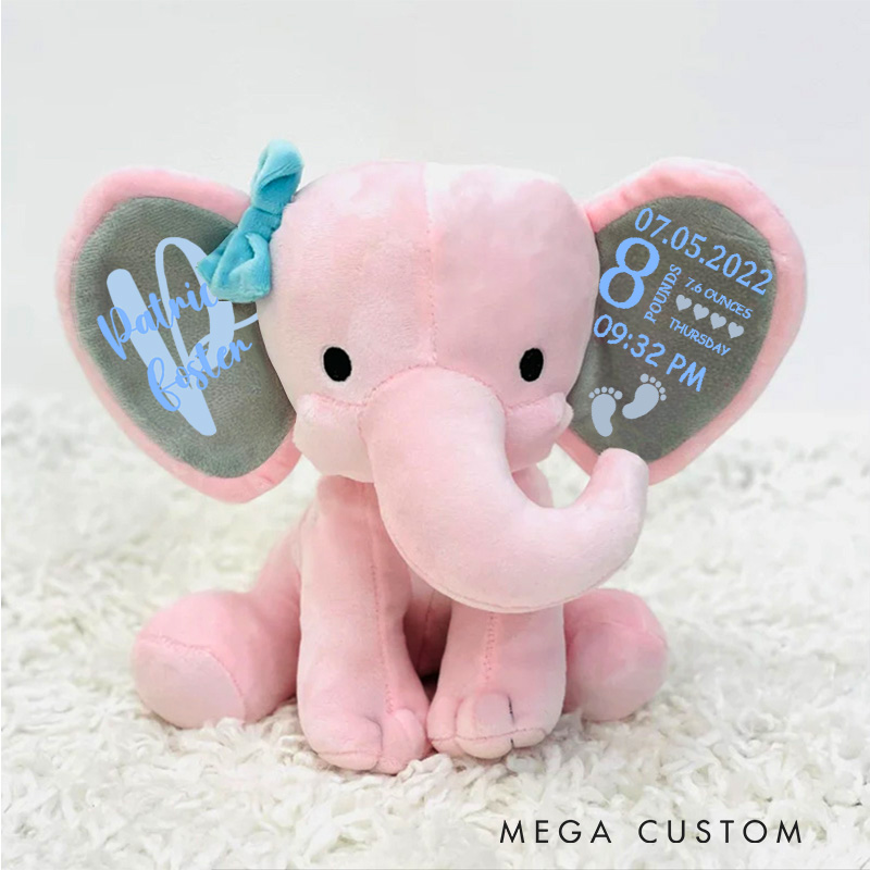 Personalized Birth Announcement Illustration with Date Time Weight and Footprint Accents for Cherished Memories Baby Elephant Plush Toys
